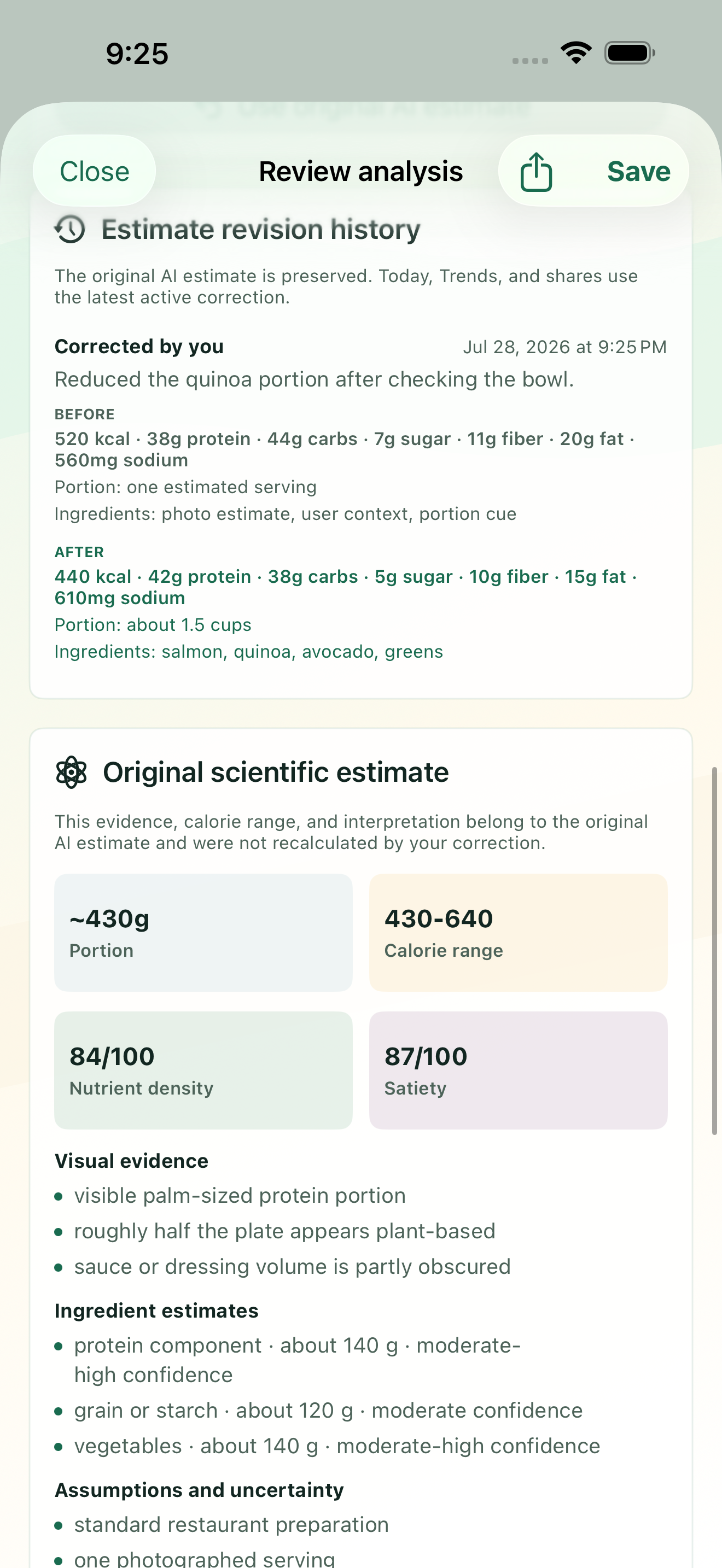AskFork correction history showing complete before-and-after nutrition values.