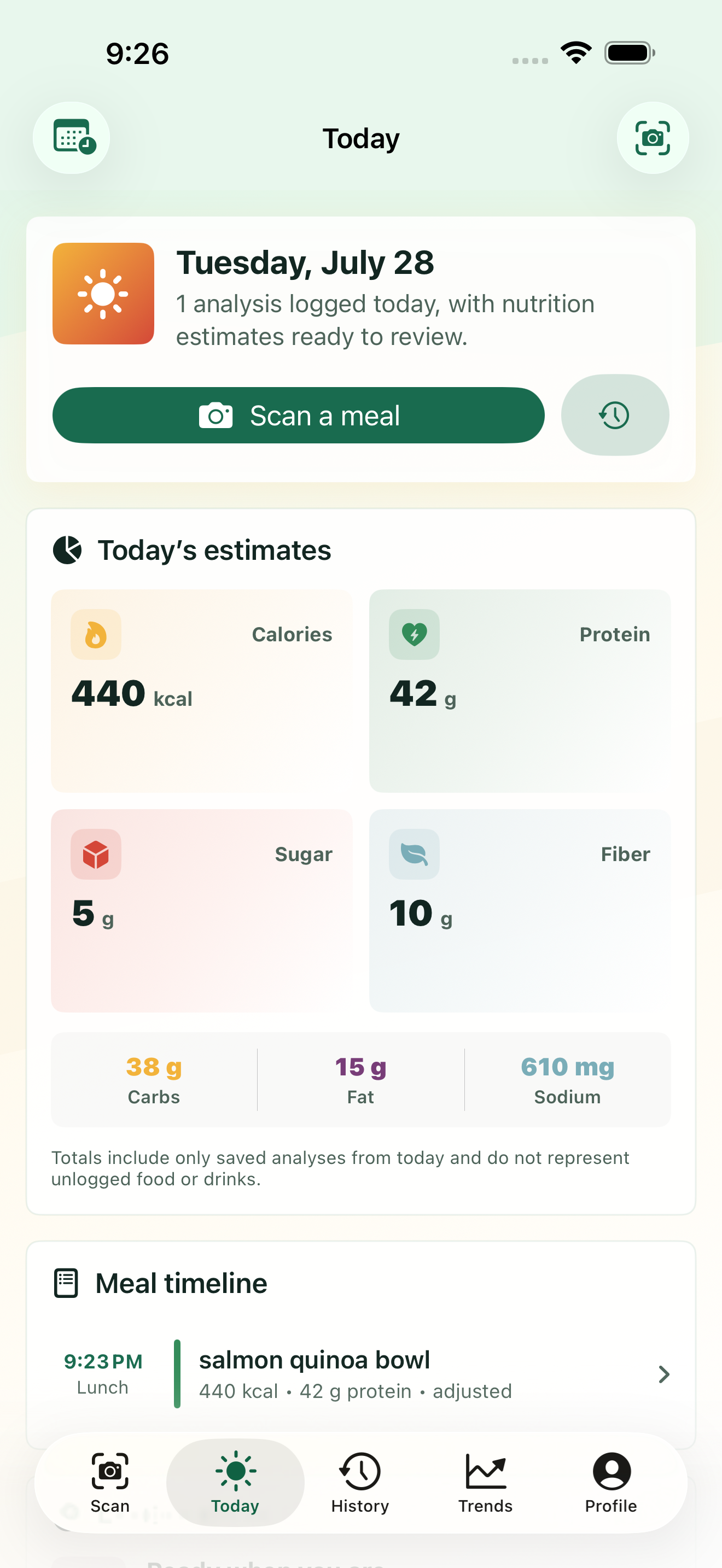 AskFork Today screen showing corrected meal totals and adjusted provenance.