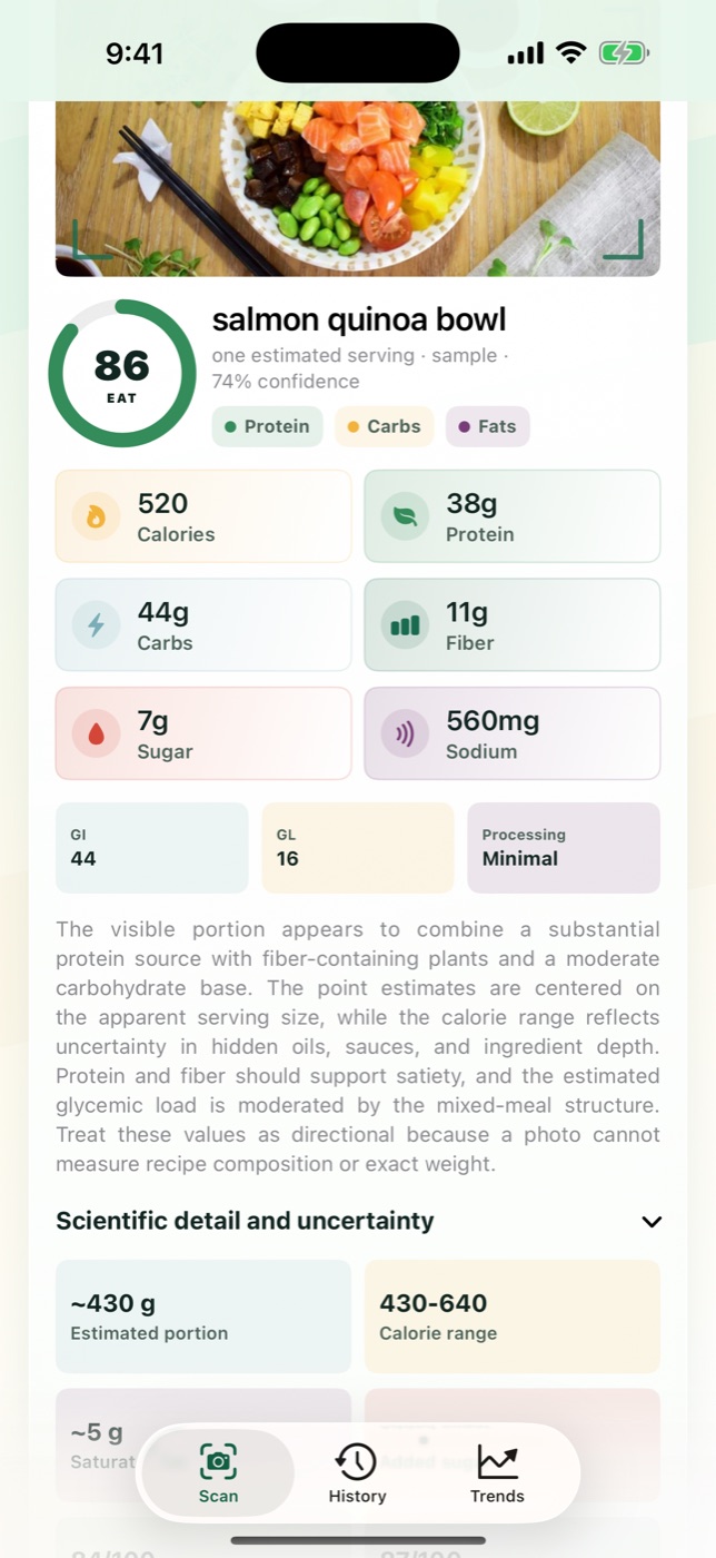 AskFork scientific meal analysis with calories, macros, glycemic context, and ranges.