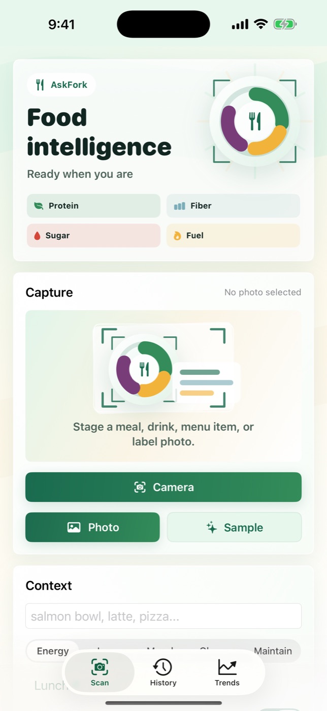 AskFork camera screen ready to capture a meal.